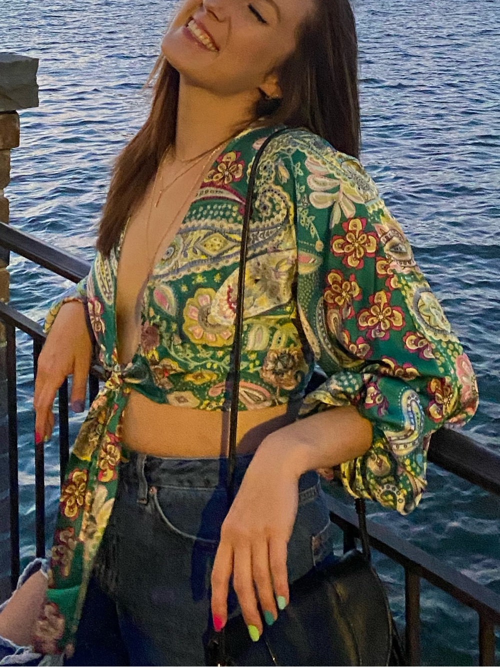 Nasty Gal Green Paisley Tie-Front Blouse